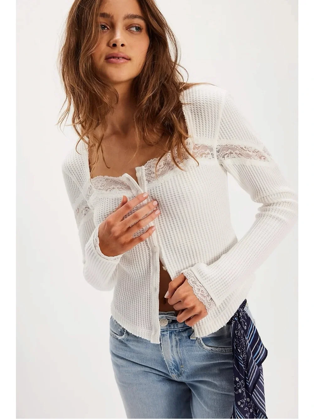 Free People Let's Party Cardi in Clean Ivory XL NWT Dainty Thermal Lace 90s Y2K